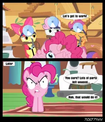Size: 640x743 | Tagged: safe, derpibooru import, edit, edited screencap, editor:teren rogriss, screencap, apple bloom, pinkie pie, scootaloo, sweetie belle, crab pony, earth pony, pegasus, pony, unicorn, stare master, the one where pinkie pie knows, angry, cutie mark crusaders, female, filly, fluttershy's cottage, foal, hammer, hooves, mare, meme, modular, mouth hold, pinkie pieces, wings