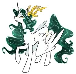 Size: 810x780 | Tagged: safe, artist:egophiliac, derpibooru import, oc, oc:aletheia invictus, unofficial characters only, alicorn, kirin, kirindos, alicorn oc, alternate universe, antlers, ethereal mane, female, horn, image, parent:oc:arlon invictus, parent:princess celestia, parents:canon x oc, png, simple background, solo, wings