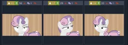 Size: 1334x476 | Tagged: safe, derpibooru import, screencap, sweetie belle, pony, unicorn, derpibooru, for whom the sweetie belle toils, all new, angry, female, filly, hub logo, meta, solo, sweetie belle is not amused, text, unamused