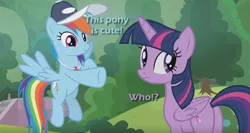 Size: 1366x724 | Tagged: safe, derpibooru import, edit, edited screencap, screencap, rainbow dash, twilight sparkle, twilight sparkle (alicorn), alicorn, pegasus, pony, 2 4 6 greaaat, exclamation point, female, interrobang, mare, question mark, text