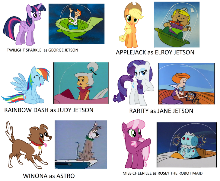 Size: 3152x2596 | Tagged: alicorn, applejack, artist:guihercharly, astro the space mutt, cheerilee, derpibooru import, elroy jetson, george jetson, jane jetson, judy jetson, miss cheerilee, princess, rainbow dash, rarity, rosie the robot maid, safe, space car, spaceships, the jetsons, twilight sparkle, twilight sparkle (alicorn), winona