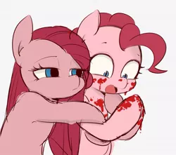 Size: 1023x906 | Tagged: semi-grimdark, artist:manachaaaaaaaa, derpibooru import, pinkie pie, earth pony, pony, blood, cute, cuteamena, diapinkes, duality, female, grimcute, mare, open mouth, pinkamena diane pie, self ponidox, simple background, white background, wide eyes