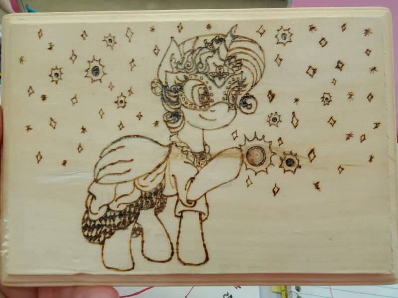 Size: 1032x774 | Tagged: safe, artist:dawn-designs-art, artist:sapphire-burns-art, derpibooru import, rarity, pony, unicorn, commission, pyrography, red queen, traditional art