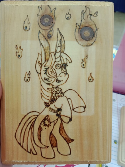 Size: 439x585 | Tagged: safe, artist:dawn-designs-art, artist:sapphire-burns-art, derpibooru import, twilight sparkle, pony, unicorn, commission, female, heterochromia, mare, pyrography, rearing, traditional art, unicorn twilight, white rabbit