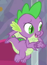 Size: 757x1038 | Tagged: a trivial pursuit, claws, cropped, derpibooru import, dragon, flying, male, safe, screencap, smiling, solo, spike, tail, toes, winged spike, wings