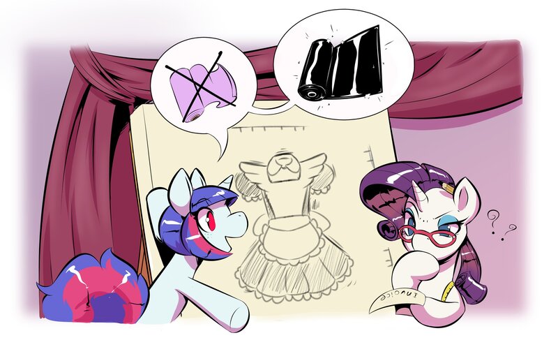 Size: 2692x1640 | Tagged: safe, artist:helixjack, derpibooru import, rarity, oc, oc:mew, pony, unicorn, clothes, dress, female, latex, maid, mare, pictogram, question mark, sketch, thinking