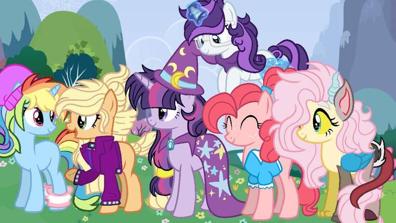 Size: 1192x670 | Tagged: safe, artist:moonlightdisney5, derpibooru import, applejack, fluttershy, pinkie pie, rainbow dash, rarity, twilight sparkle, draconequus, dracony, dragon, hybrid, pony, alternate design, alternate universe, artificial wings, augmented, beanie, cape, clothes, cute, dashabetes, diapinkes, draconequified, flutterequus, freckles, glasses, hat, magic, magic wings, mane six, ponytail, shyabetes, species swap, trixie's cape, trixie's hat, wings