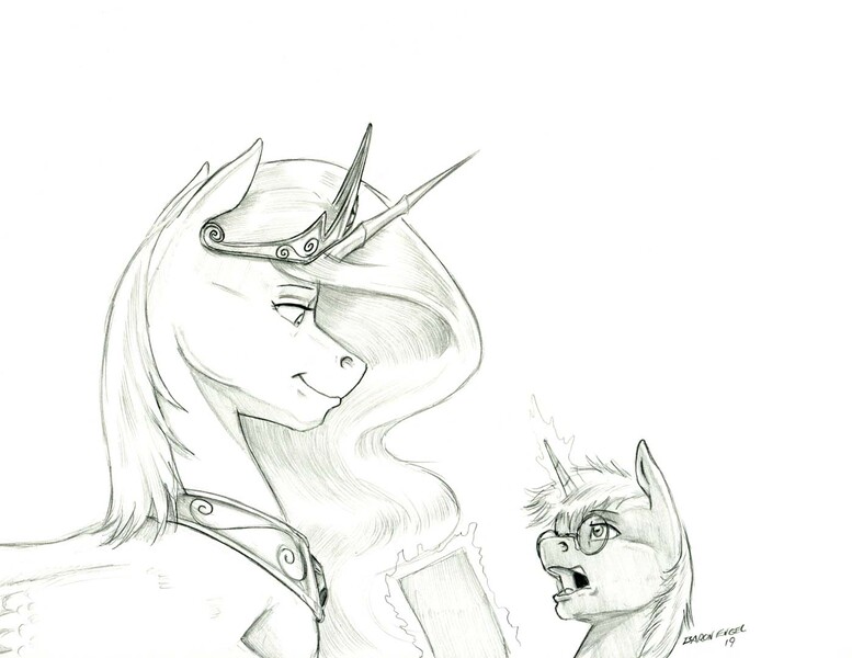 Size: 1400x1081 | Tagged: safe, artist:baron engel, derpibooru import, princess celestia, oc, oc:steady pulse, alicorn, pony, unicorn, duo, female, glasses, male, mare, monochrome, pencil drawing, stallion, story included, traditional art