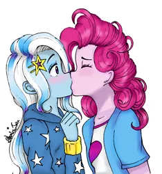 Size: 1300x1387 | Tagged: safe, artist:starwantrix, derpibooru import, pinkie pie, trixie, equestria girls, anime, blushing, cute, diatrixes, eyes closed, female, kissing, lesbian, shipping, signature, simple background, trixiepie, white background
