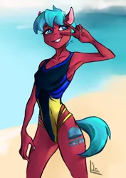 Size: 2480x3507 | Tagged: anorexic, anthro, armpits, artist:bilisty, black swimsuit, blue swimsuit, clothes, cutie mark, derpibooru import, female, oc, oc:windsweeper, one-piece swimsuit, peace sign, peace symbol, safe, short mane, short tail, skinny, solo, swimsuit, yellow swimsuit