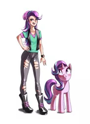 Size: 2200x3000 | Tagged: safe, artist:baitoubaozou, derpibooru import, starlight glimmer, human, pony, unicorn, equestria girls, beanie, beanie hat, clothes, female, hat, high res, human coloration, human ponidox, humanized, mare, ripped pants, self ponidox, simple background, solo, torn clothes, white background