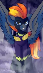 Size: 1300x2200 | Tagged: safe, artist:shadowreindeer, derpibooru import, oc, oc:blaze (shadowbolt), pegasus, pony, clothes, commission, costume, goggles, shadowbolts, shadowbolts costume, solo, spread wings, wings