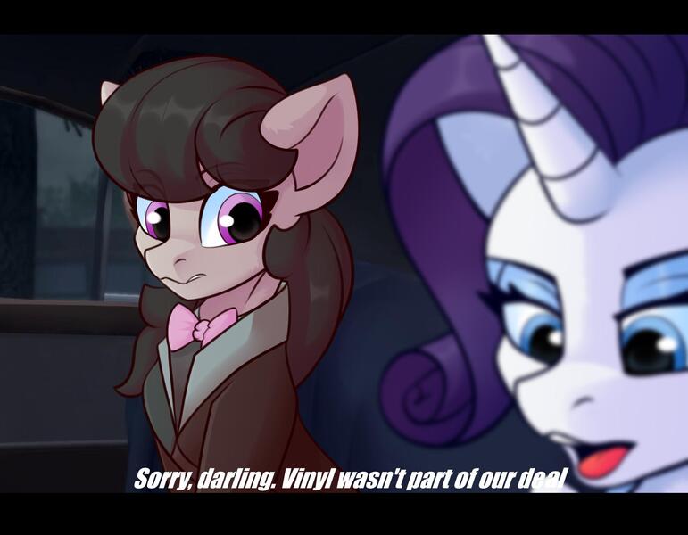 Size: 1800x1400 | Tagged: safe, artist:shadowreindeer, derpibooru import, octavia melody, rarity, earth pony, pony, unicorn, bowtie, car, clothes, eyeshadow, female, implied death, implied vinyl scratch, mafia, mafia 2, mafia ii, mafia octavia, makeup, mare, meme, open mouth, suit, text, vito scaletta