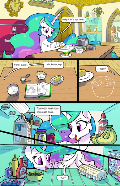 Size: 1989x3072 | Tagged: safe, artist:docwario, derpibooru import, bon bon, daisy jo, discord, princess celestia, sweetie drops, trixie, oc, oc:flaky pastry, oc:pia ikea, alicorn, pony, comic:royal chores, banana, beans, book, butter, cake, cakelestia, cereal, cherry, clock, comic, cupcake, cute, cutelestia, diabetes, egg, flour, food, jam, jewelry, ketchup, milk, mustard, necklace, offscreen character, olive, pear butter (food), pear jam, recipe, refrigerator, sauce, sugar (food), whipped cream