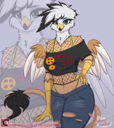 Size: 2500x2800 | Tagged: safe, artist:pinktabico, derpibooru import, oc, oc:ginger feathershy, unofficial characters only, anthro, gryphon, beauty mark, belly button, bra, bra strap, clothes, colored wings, dragon ball, eyebrow piercing, female, fishnets, griffon oc, hand on hip, high res, image, multicolored wings, panties, panty line, piercing, png, short shirt, solo, tail, thong, torn clothes, underwear, wings, zoom layer