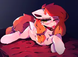 Size: 3500x2579 | Tagged: safe, artist:dino_horse, deleted from derpibooru, derpibooru import, oc, oc:amity point, unofficial characters only, pegasus, pony, bed, female, folded wings, laying on bed, mare, not pear butter, on bed, solo, tongue out, wings