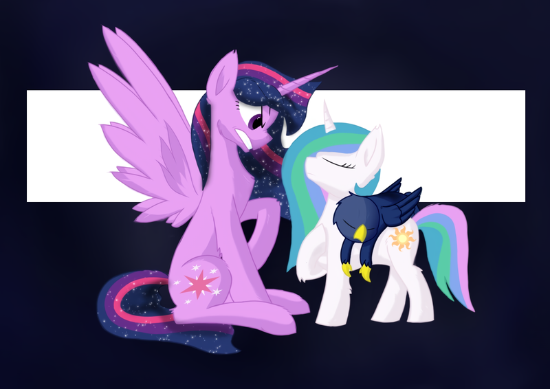 Size: 1024x724 | Tagged: safe, artist:hugo231929, derpibooru import, princess celestia, princess luna, twilight sparkle, twilight sparkle (alicorn), alicorn, gryphon, pony, unicorn, fanfic:elemental: power is magic, ethereal mane, fanfic art, female, griffonized, mare, race swap, riding, role reversal, sleeping, species swap, starry mane, ultimate twilight, unicorn celestia