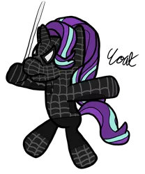 Size: 2088x2508 | Tagged: safe, alternate version, artist:goatcanon, derpibooru import, starlight glimmer, unicorn, clothes, costume, crossover, emo, marvel, marvel comics, raimi suit, spider-man, spider-mare, swing, swinging