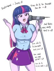 Size: 1719x2283 | Tagged: safe, artist:sumin6301, derpibooru import, twilight sparkle, equestria girls, clothes, female, just, microphone, microphone stand, music notes, radiohead, singing, skirt, solo, song reference