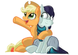 Size: 2953x2067 | Tagged: safe, artist:razya, derpibooru import, applejack, coloratura, earth pony, pony, applejack's hat, cheek fluff, cheek squish, cheeks, chest fluff, colored, cowboy hat, cute, everywhere meme pony edition, hat, hooves, hug, mane, pointing, simple background, sitting, sitting up, squishy cheeks, tail, tail wrap, transparent background