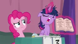 Size: 1920x1080 | Tagged: safe, derpibooru import, screencap, pinkie pie, twilight sparkle, twilight sparkle (alicorn), alicorn, pony, a trivial pursuit, book, floppy ears, magic, messy mane, rules lawyer, twilight snapple