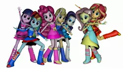 Size: 2773x1560 | Tagged: safe, artist:fazbearsparkle, derpibooru import, applejack, fluttershy, pinkie pie, rainbow dash, rarity, sci-twi, sunset shimmer, twilight sparkle, twilight sparkle (alicorn), alicorn, equestria girls, 3d, bare shoulders, clothes, dress, fall formal outfits, humane five, humane seven, humane six, looking at you, simple background, sleeveless, source filmmaker, strapless, white background