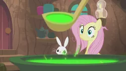 Size: 1920x1080 | Tagged: safe, derpibooru import, screencap, angel bunny, fluttershy, pony, rabbit, she talks to angel, animal, cauldron, female, ladle, male, mare, potion