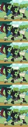 Size: 1555x6850 | Tagged: suggestive, artist:anonymous, derpibooru import, oc, oc:anonfilly, unofficial characters only, earth pony, pony, beanie, bench, bloomer, bush, clothes, comic, dialogue, doomer, female, filly, flower, forest, grass, hat, headphones, implied foalcon, implied lesbian, implied twilight sparkle, ipod, jacket, mountain, question mark, scenery, sitting, smiling, text, text bubbles, the beach boys, tree, wide eyes, you too