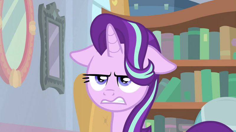 Size: 1920x1080 | Tagged: safe, derpibooru import, screencap, starlight glimmer, pony, a horse shoe-in, bookshelf, floppy ears, solo, starlight is not amused, unamused