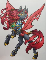 Size: 2941x3817 | Tagged: safe, artist:ghostlymuse, derpibooru import, oc, oc:paprika, changeling, pony, changeling oc, fangs, horn, marker drawing, multiple eyes, multiple horns, red changeling, solo, traditional art