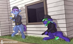 Size: 1471x900 | Tagged: safe, artist:whisperfoot, derpibooru import, oc, oc:weldbead, oc:windy dripper, unofficial characters only, pegasus, pony, bottomless, bulletproof vest, clothes, crouching, dirt, grass, gun, handgun, hat, hooves, house, looking at each other, multicolored hair, partial nudity, patreon, patreon reward, pegasus oc, rainbow six siege, rifle, shadow, siege, vest, video game, weapon, window, wings