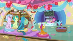 Size: 1280x720 | Tagged: safe, derpibooru import, screencap, gallus, ocellus, pinkie pie, sandbar, silverstream, smolder, yona, changedling, changeling, dragon, earth pony, gryphon, hippogriff, pony, yak, balloon, dragoness, female, male, mare, stallion, theme song