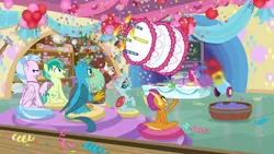 Size: 1280x720 | Tagged: safe, derpibooru import, screencap, gallus, ocellus, pinkie pie, sandbar, silverstream, smolder, yona, changedling, changeling, dragon, earth pony, gryphon, hippogriff, pony, yak, cake, dragoness, female, food, male, mare, party cannon, stallion, theme song