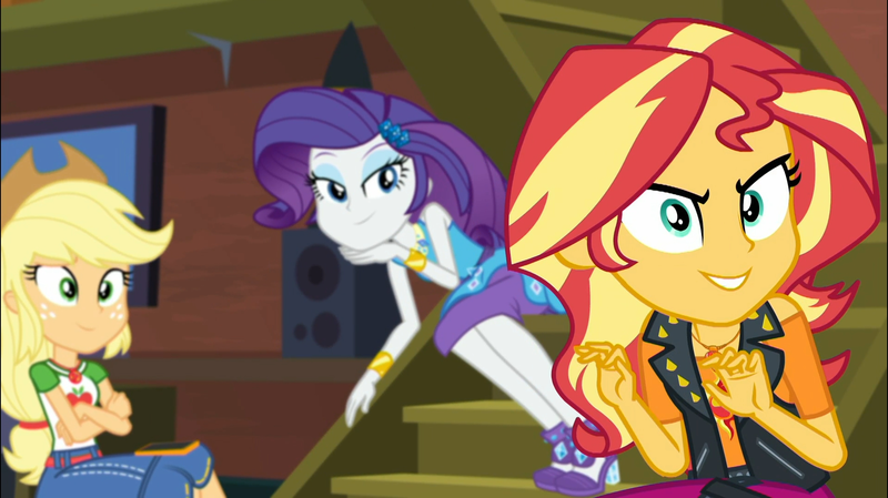 Size: 1924x1080 | Tagged: safe, derpibooru import, screencap, applejack, rarity, sunset shimmer, costume conundrum, equestria girls, equestria girls series, spoiler:choose your own ending (season 2), spoiler:eqg series (season 2), applejack's hat, bracelet, clothes, cowboy hat, denim skirt, female, geode of empathy, geode of super strength, hat, high heels, jewelry, legs, magical geodes, mobile phone, phone, shoes, skirt, smartphone, smiling, speakers, sunset's apartment, trio, trio female