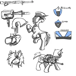 Size: 800x800 | Tagged: safe, artist:disasterpaladin, derpibooru import, oc, oc:dawn detours, unofficial characters only, pony, unicorn, fanfic:empty horizons, bags under eyes, bust, clothes, fanfic art, female, gun, harness, hat, helmet, horn, mare, partial color, rearing, reference sheet, rifle, saddle, soldier, tack, unicorn oc, vest, weapon