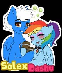 Size: 1094x1280 | Tagged: safe, artist:pastel-pony-princess, derpibooru import, rainbow dash, oc, oc:jetstream, oc:solex, pegasus, pony, alternate hairstyle, apple cider, beer mug, black background, blushing, bubble, canon x oc, collar, drunk, drunker dash, looking at you, simple background, smiling