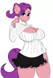 Size: 2255x3302 | Tagged: anthro, artist:maziqueen, breasts, busty spoiled rich, clothes, commission, cute, derpibooru import, female, looking at you, milf, miniskirt, pleated skirt, ponytail, simple background, skirt, solo, solo female, spoiled cute, spoiled milf, spoiled milk, spoiled rich, stupid sexy spoiled rich, suggestive, sweater, thighs, white background, ych result