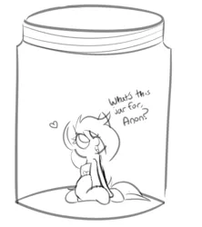 Size: 938x1054 | Tagged: safe, artist:nevaylin, derpibooru import, oc, oc:nevaylin, pegasus, pony, cute, dialogue, female, heart, imminent cumshot, implied anon, jar, lewd container meme, looking up, mare, meme, micro, monochrome, no pupils, ocbetes, open mouth, sitting, sketch, smiling, smol, solo, this will not end well