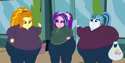 Size: 2560x1296 | Tagged: safe, artist:neongothic, derpibooru import, adagio dazzle, aria blaze, sonata dusk, equestria girls, adagio wobble, aria blob, bbw, belly, big belly, chubby cheeks, clothes, cute, double chin, fat, female, food, hoodie, large butt, morbidly obese, obese, smiling, sonataco, sonatubby, ssbbw, taco, the dazzlings, thighs, thunder thighs, weight gain, wide hips