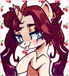 Size: 349x386 | Tagged: safe, artist:peachesandcreamated, derpibooru import, oc, oc:passion fruit, pony, unicorn, bust, female, mare, portrait, solo, tongue out