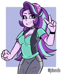 Size: 2080x2496 | Tagged: safe, artist:pixsoda, derpibooru import, starlight glimmer, equestria girls, mirror magic, spoiler:eqg specials, beanie, hat, high res, peace sign, solo