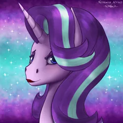 Size: 2500x2500 | Tagged: safe, artist:hermaeus xerxes, derpibooru import, starlight glimmer, pony, unicorn, abstract background, blushing, bust, eyeshadow, female, lipstick, looking at you, makeup, mare, portrait, sexy, smiling, solo, stupid sexy starlight glimmer
