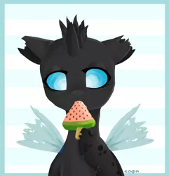 Size: 2004x2081 | Tagged: artist:sopha, changeling, changeling loves watermelon, cute, derpibooru import, food, frozen watermelon, oc, oc:tectus ignis, safe, solo, watermelon