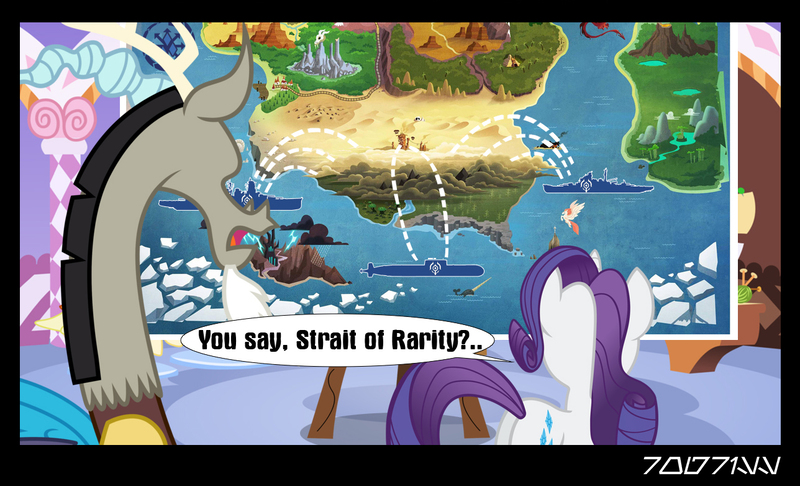 Size: 1288x782 | Tagged: episode needed, safe, derpibooru import, edit, edited screencap, editor:teren rogriss, screencap, discord, rarity, draconequus, narwhal, pony, unicorn, carousel boutique, female, horn, map, map of equestria, mare, open mouth, this will end in property damage