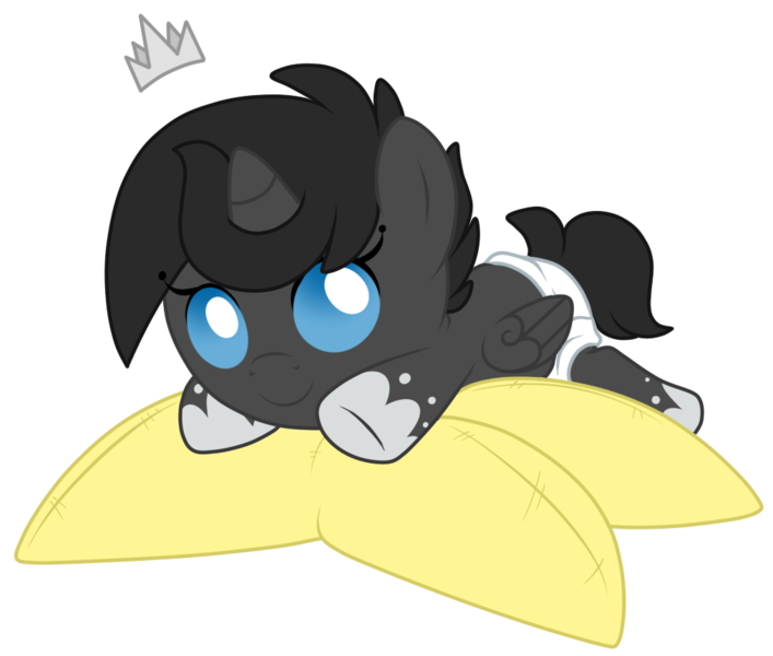 Size: 1014x861 | Tagged: safe, artist:crystal-tranquility, derpibooru import, oc, oc:ebony, alicorn, pony, baby, baby pony, crown, diaper, jewelry, regalia, simple background, solo, transparent background