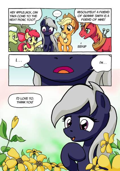 Size: 751x1064 | Tagged: safe, artist:tarkron, derpibooru import, apple bloom, applejack, big macintosh, granny smith, oc, oc:tara, earth pony, pony, comic:ghosts of the past, ..., apple family, comic, dialogue, female, filly, flower, male, mare, smiling, stallion, when she smiles