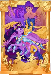 Size: 2332x3457 | Tagged: suggestive, artist:cuttledreams, derpibooru import, flash sentry, twilight sparkle, twilight sparkle (alicorn), alicorn, anthro, centaur, human, pegasus, equestria girls, alicornified, armor, armpits, big crown thingy, breasts, cleavage, cutie mark, element of magic, female, flashlight, guitar, image, implied nudity, jewelry, male, mirror portal, musical instrument, png, prince flash sentry, race swap, regalia, shipping, smiling, straight, tiara