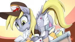 Size: 1920x1080 | Tagged: safe, artist:mysticalpha, derpibooru import, derpy hooves, pegasus, pony, abstract background, butt, clothes, dock, female, hat, letter, mail, mailmare, mailmare hat, mare, mouth hold, plot, rear view, solo, stamp, strategically covered, wavy mouth