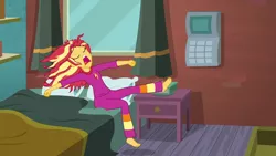 Size: 1280x720 | Tagged: safe, derpibooru import, screencap, sunset shimmer, eqg summertime shorts, equestria girls, monday blues, barefoot, bed, bed hair, clothes, cute, eyes closed, feet, female, majestic as fuck, pajamas, pandiculation, pillow, shimmerbetes, sunset's apartment, yawn