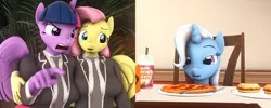 Size: 2700x1080 | Tagged: safe, artist:thederpymuffin, derpibooru import, fluttershy, trixie, twilight sparkle, alicorn, anthro, pegasus, pony, unicorn, 3d, angry, burger, clothes, female, food, frown, glare, hamburger, hug, lidded eyes, mare, meat, meme, nose wrinkle, open mouth, pepperoni, pepperoni pizza, pizza, pointing, ponified animal photo, ponified meme, source filmmaker, suit, the real housewives of beverly hills, woman yelling at a cat